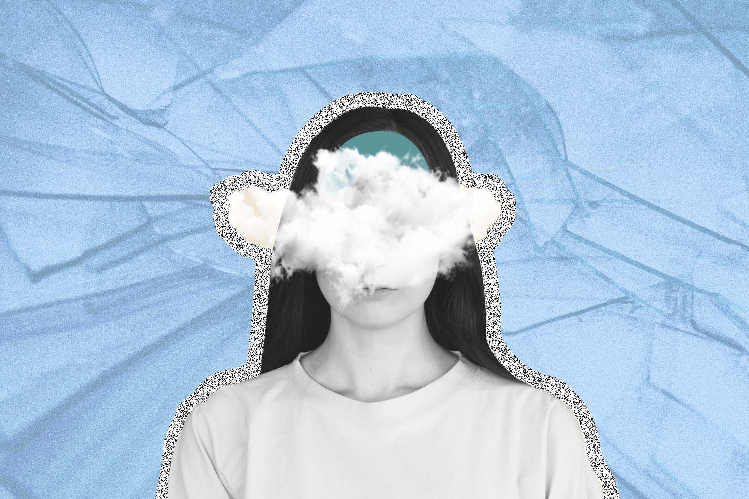 Person with cloud over their head on top of a pile of shattered glass