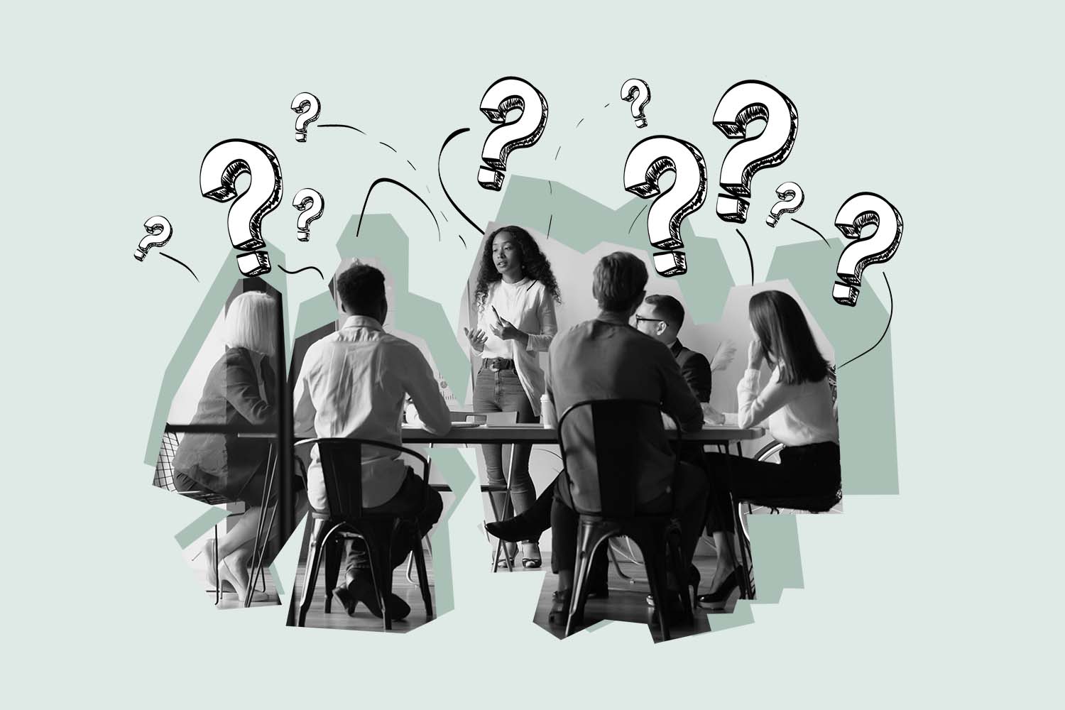 People sit at table and question marks float above