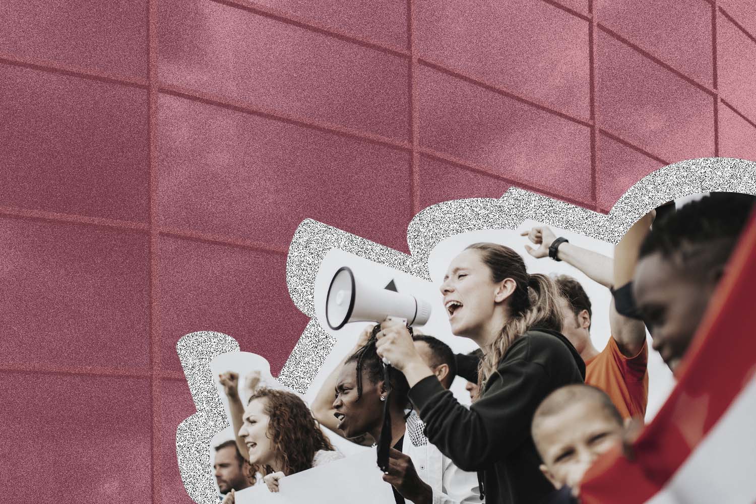 Collage imagery of protestors with megaphones