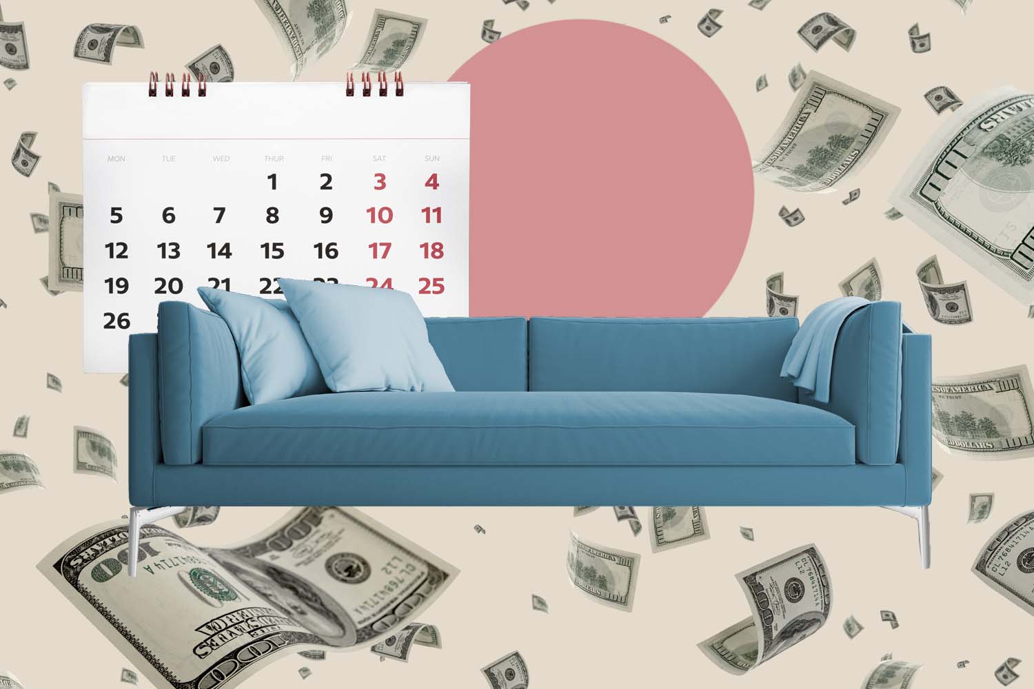 Collage of a couch, calendar and money