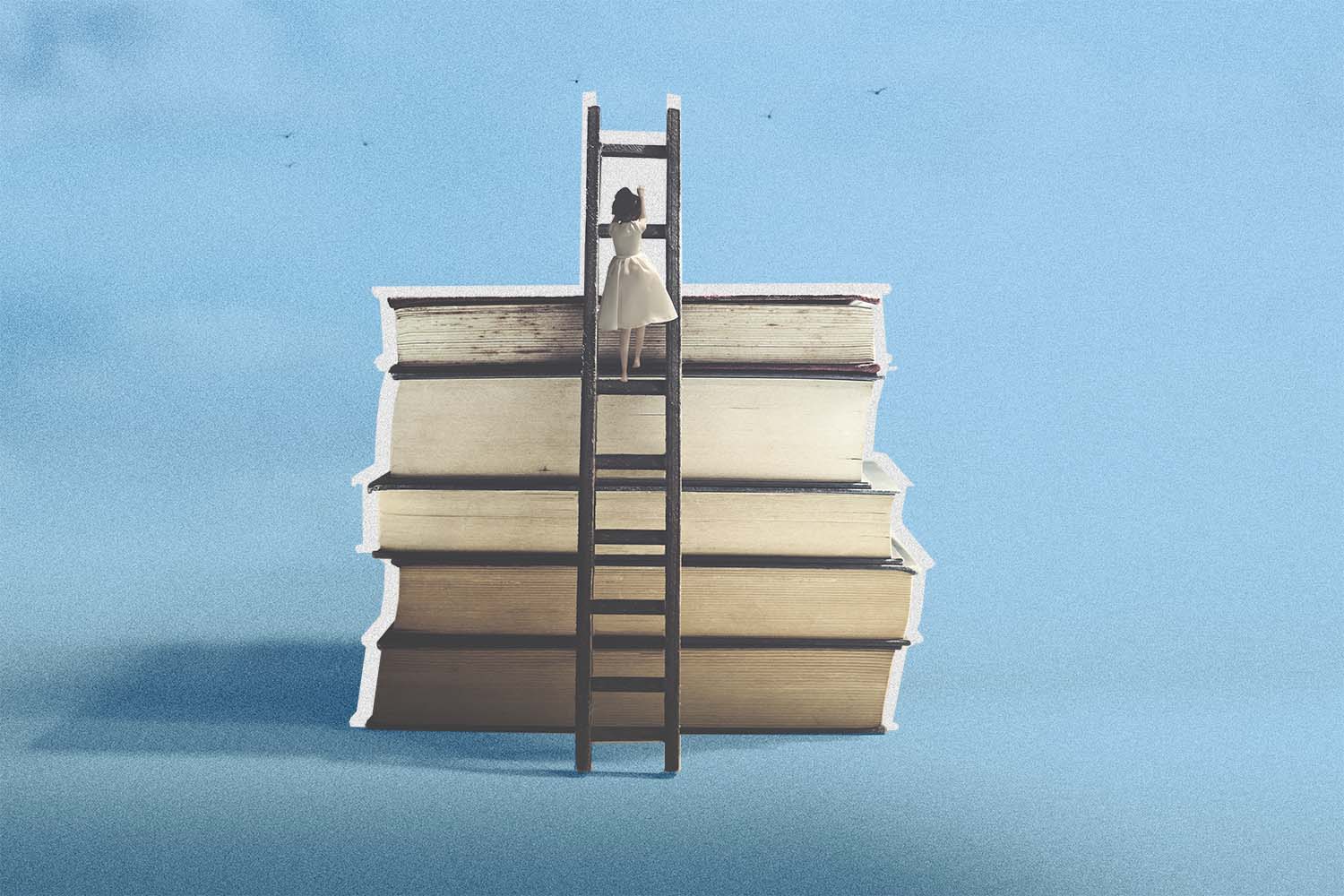 Woman climbing a ladder leaned agains a stack of books.