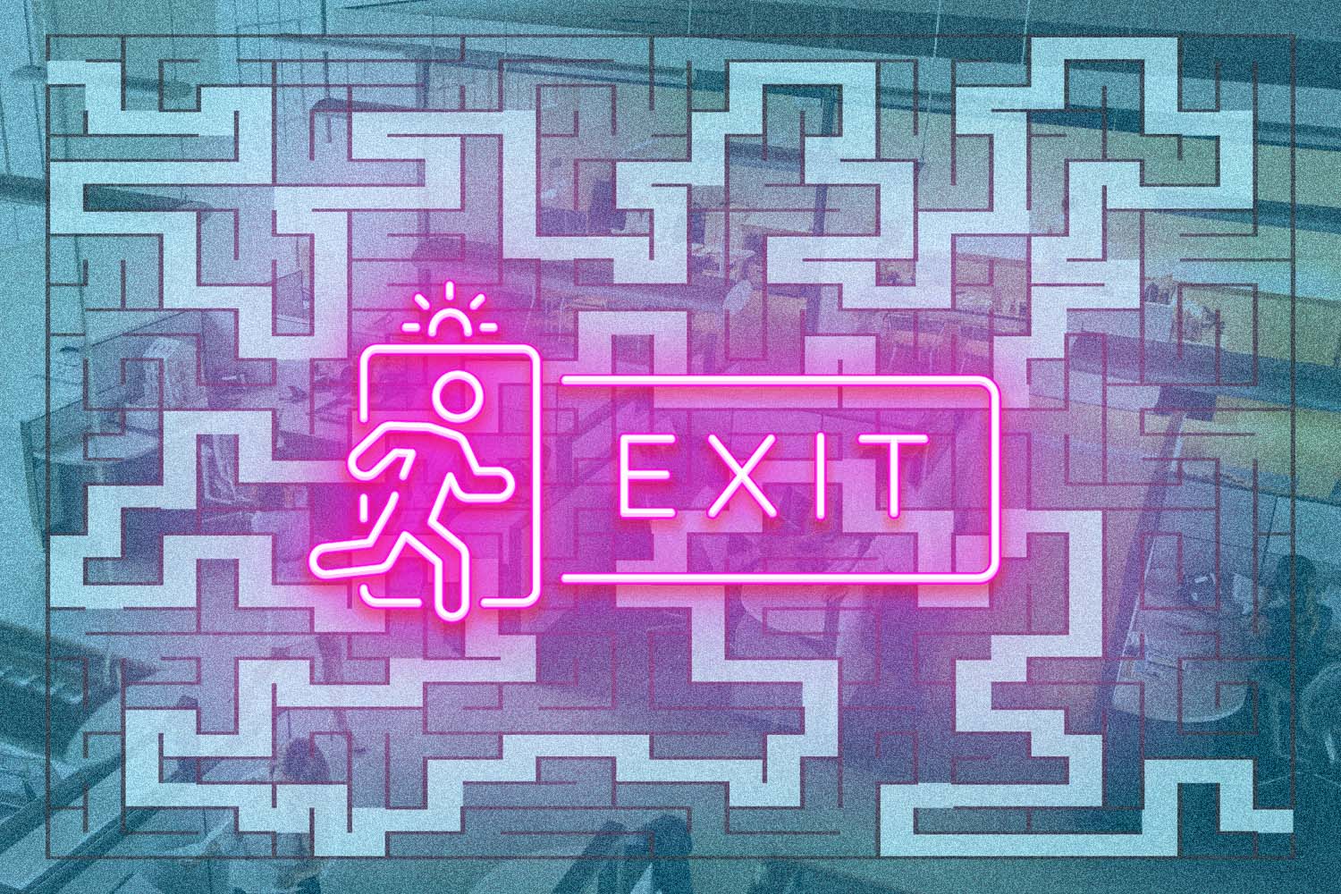 Exit sign and maze superimposed over an office