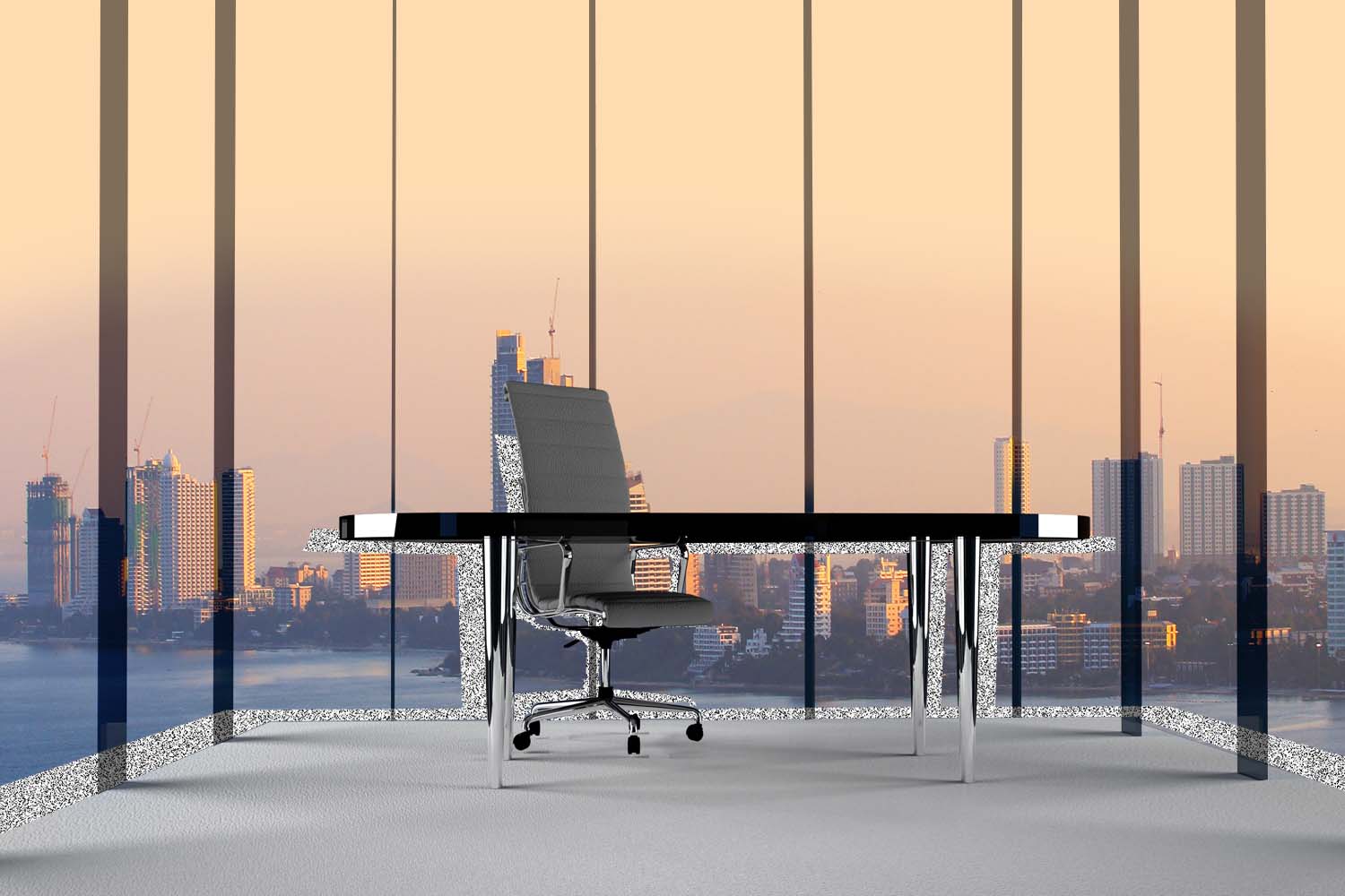 Executive office with a chair in front of a cityscape