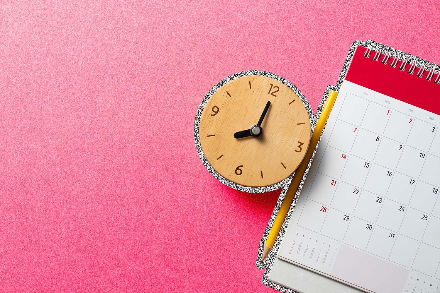 Clock, calendar and pencil