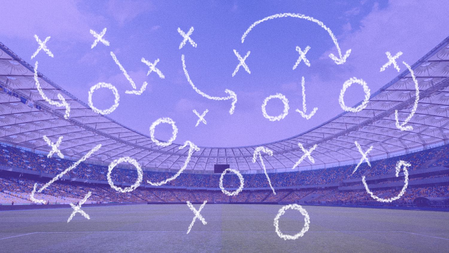 Xs and Os over a football pitch.