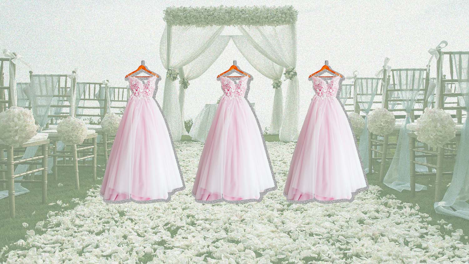 Three bridesmaids dresses over an aisle