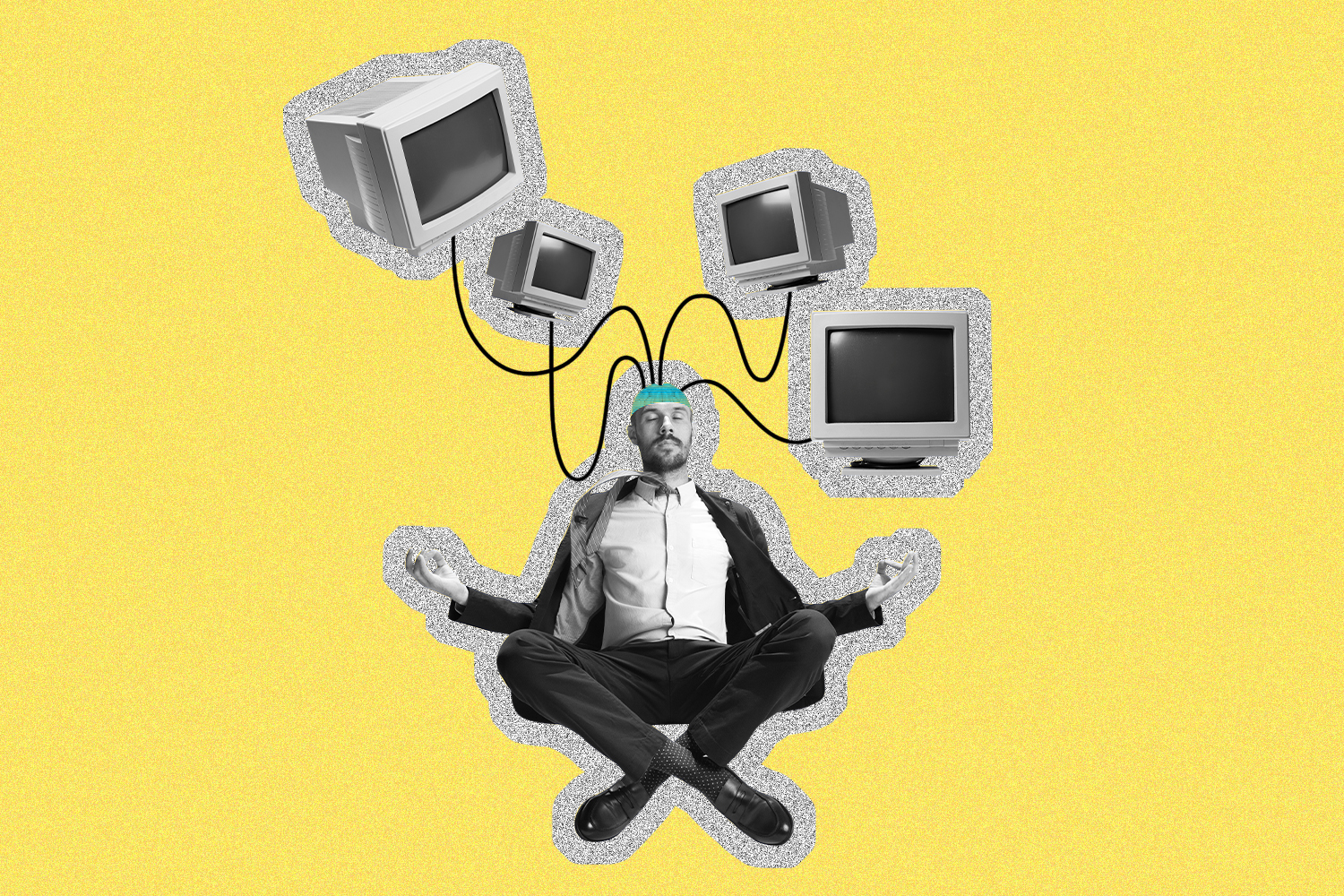 Man sitting in meditation with desktop computers attached to his brain