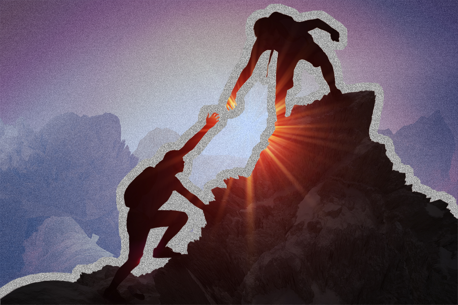 Person on a mountain reaching out for a hand from person at the top.