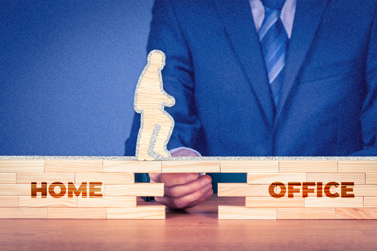 cutout person walking across building blocks labeled home and office