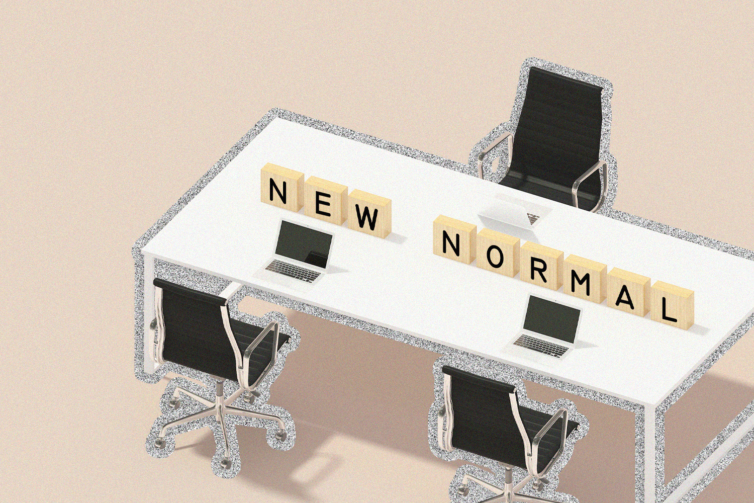 Overhead view of a desk with the letter tiles on it that say "new normal."