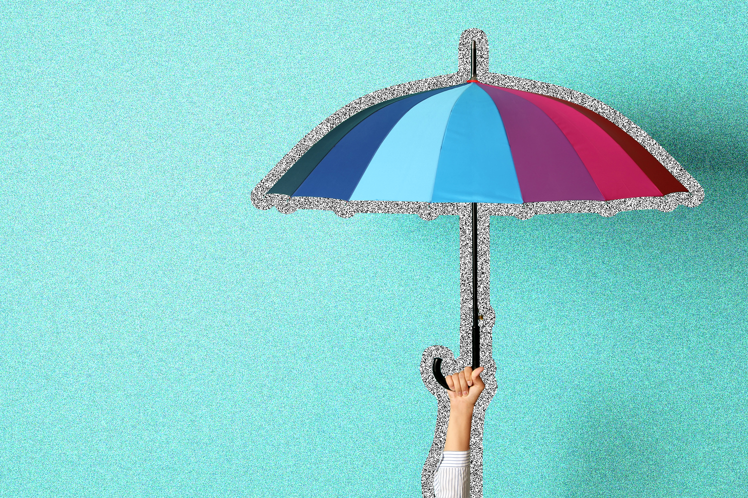 Image of a hand holding a multi-color umbrella against a turquoise background.