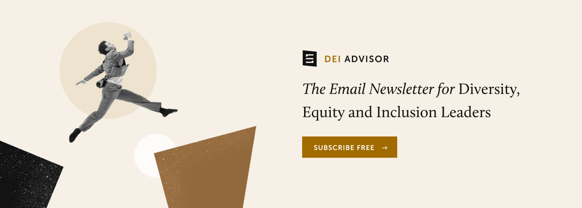 Image of man jumping over a gap with text: DEI Advisor, the email newsletter for Diversity, Equity and Inclusion Leaders