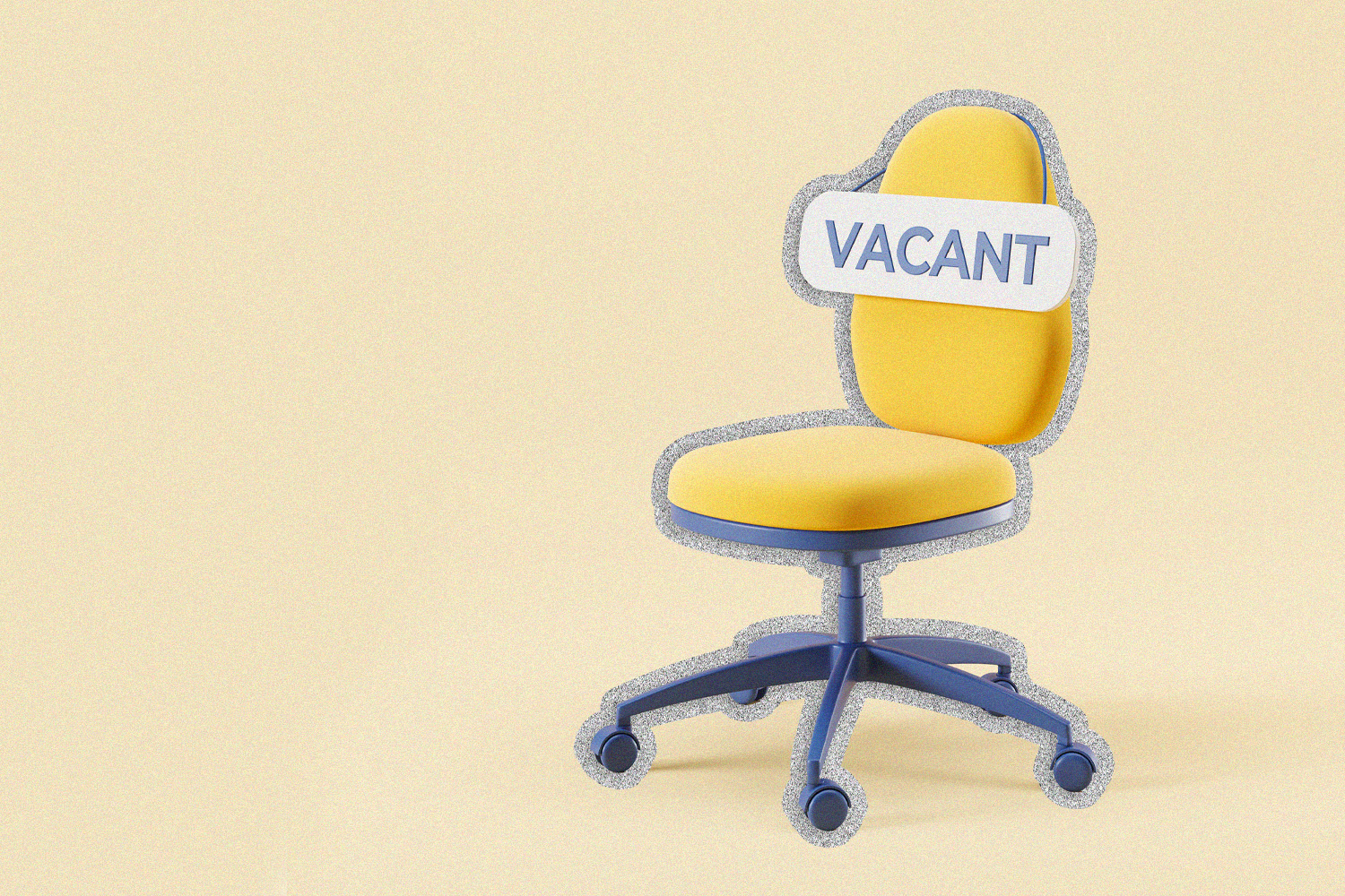 An empty desk chair with a "vacant" sign on it.
