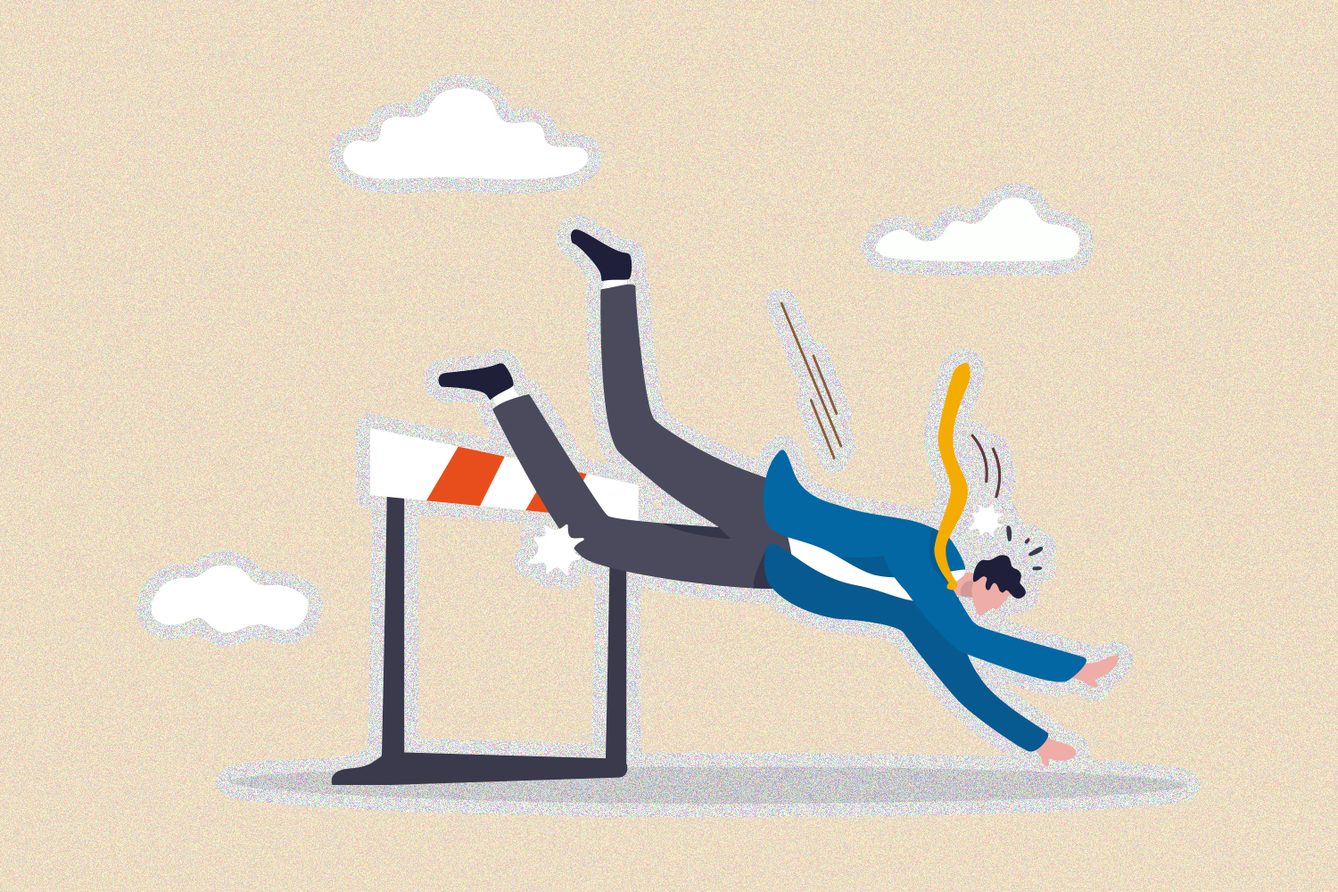Cartoon business man tripping over a hurdle