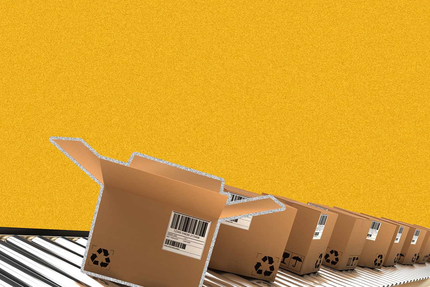 Cardboard shipping boxes lined up against a yellow background