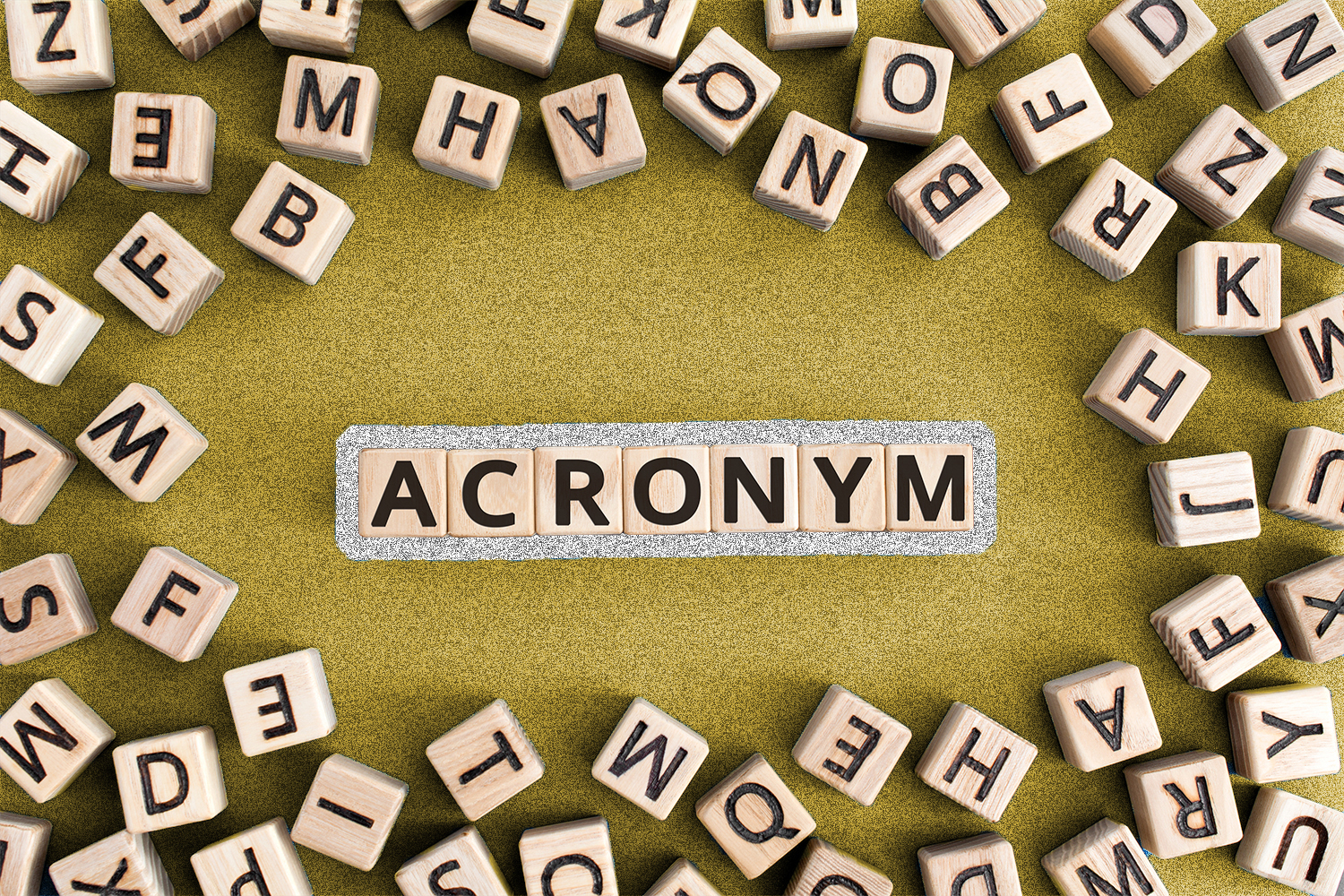 A gold background behind wooden block letters that spell out "acronym."