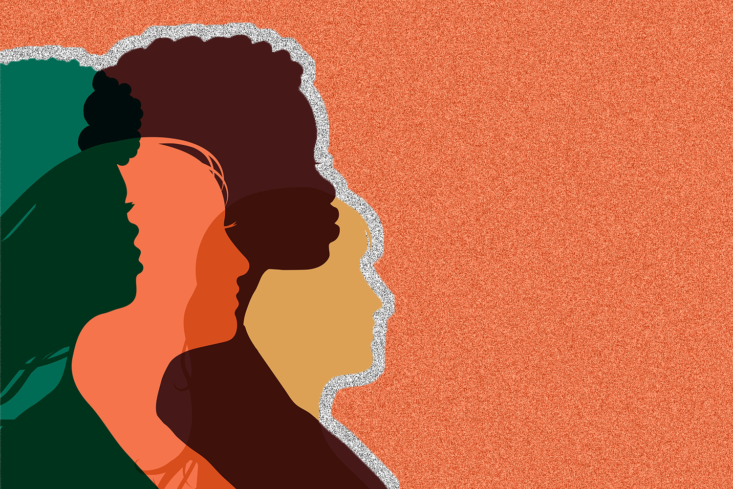 Green, peach, dark brown, and tan silhouetted outlines of women.