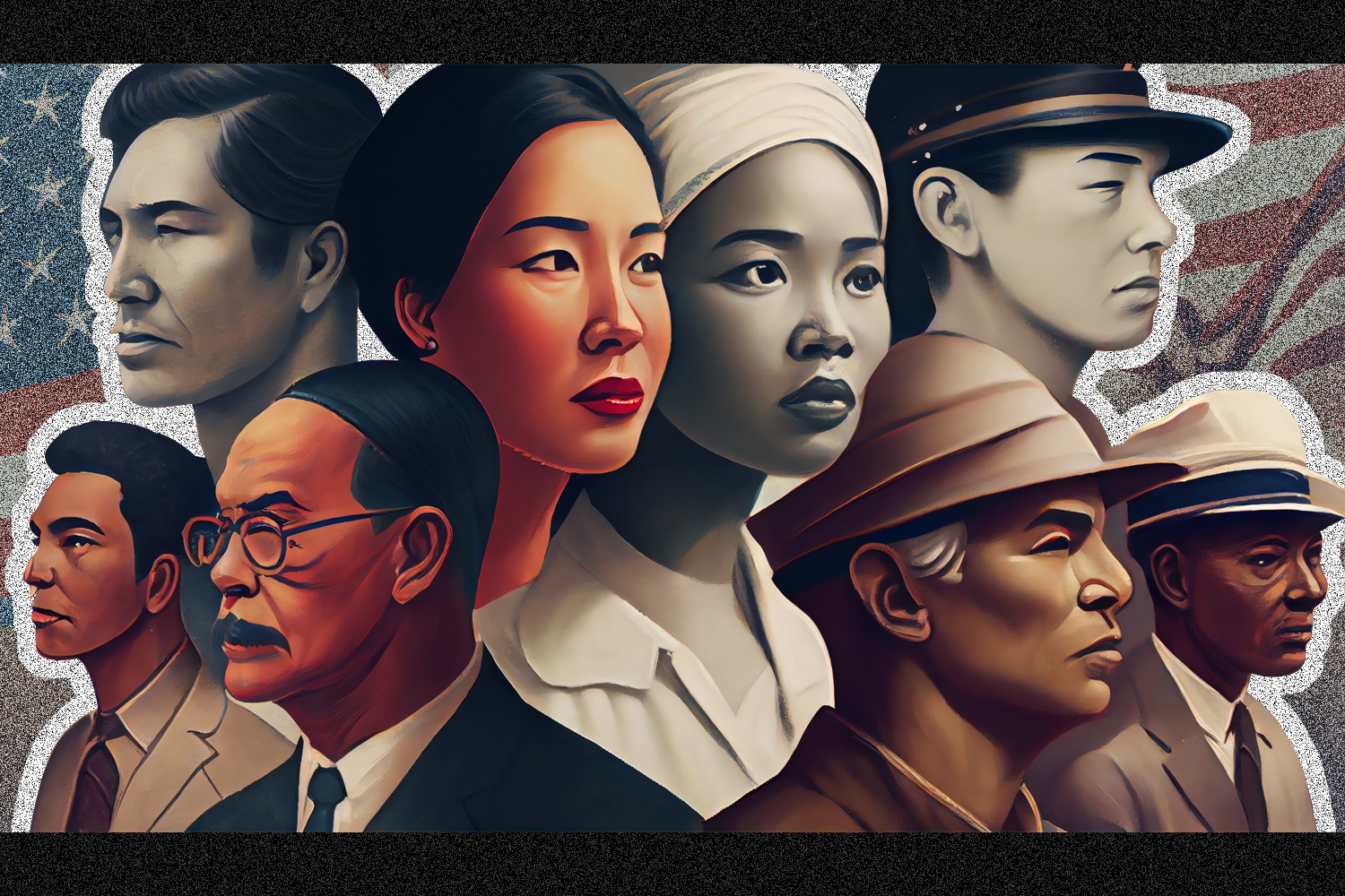 illustration of asian american historical figures pose in front of american flag
