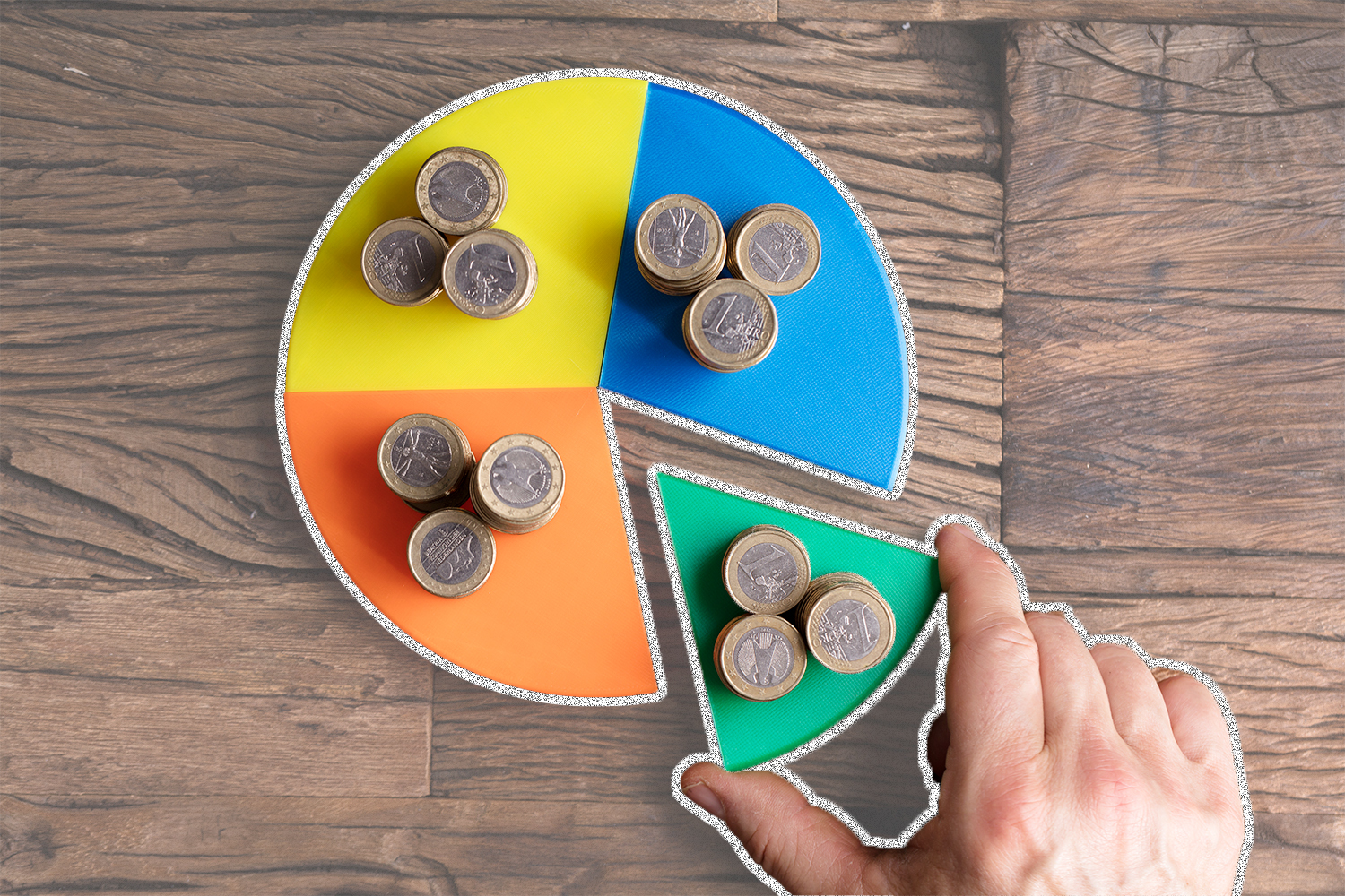 A multicolor pie graph with coins stacked in each "slice"; a hand pulls out the green "slice"