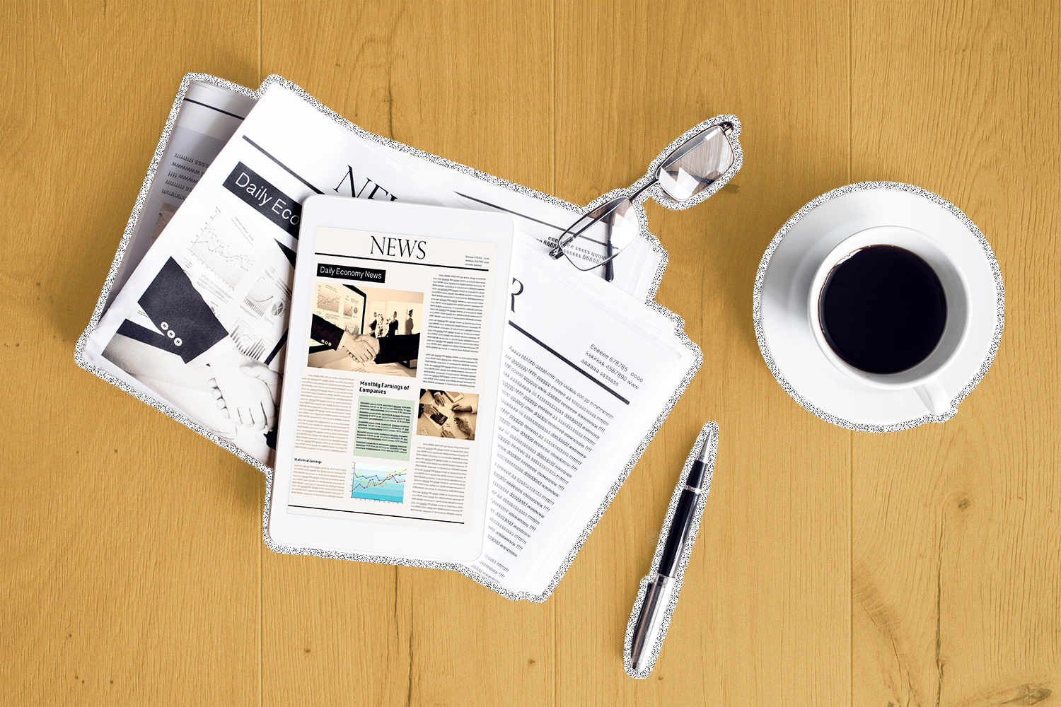 A wooden table with a newspaper, a tablet displaying news stories, eyeglasses, a pen, and a coffee mug.
