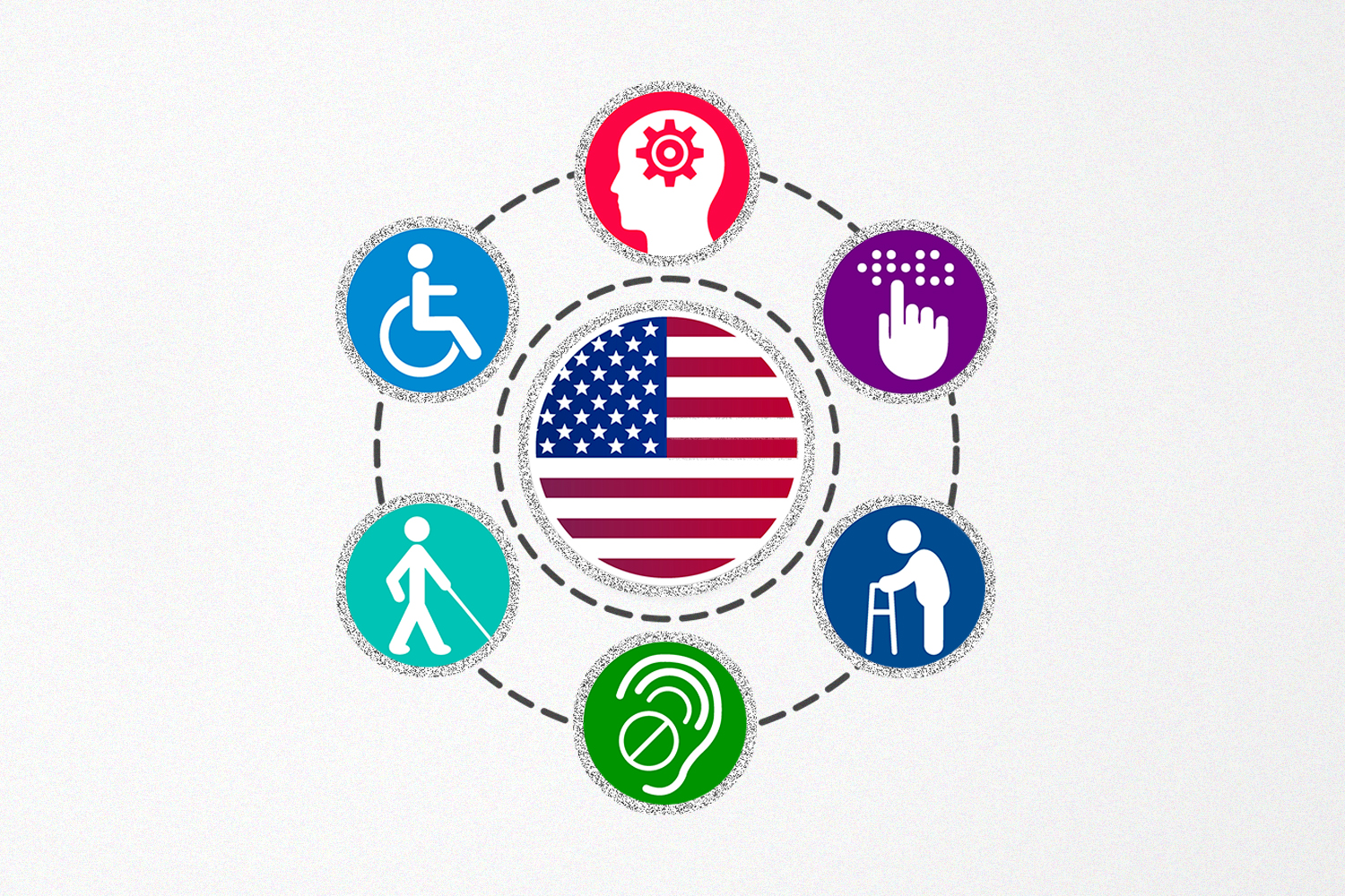 An American flag, circled by six icons, each with an image that represents a specific disability.