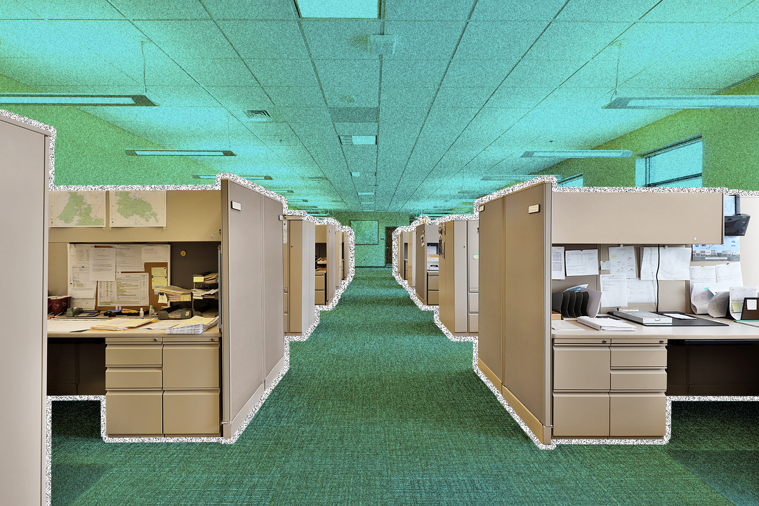Empty beige office cubicles with an aqua overlay