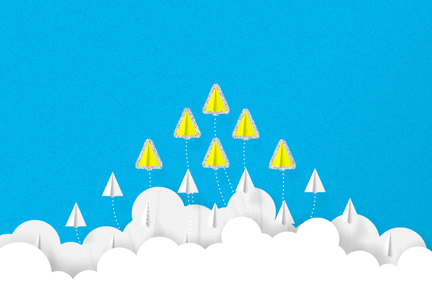 Yellow and white paper airplanes flying in an upward position above white clouds into a blue sky