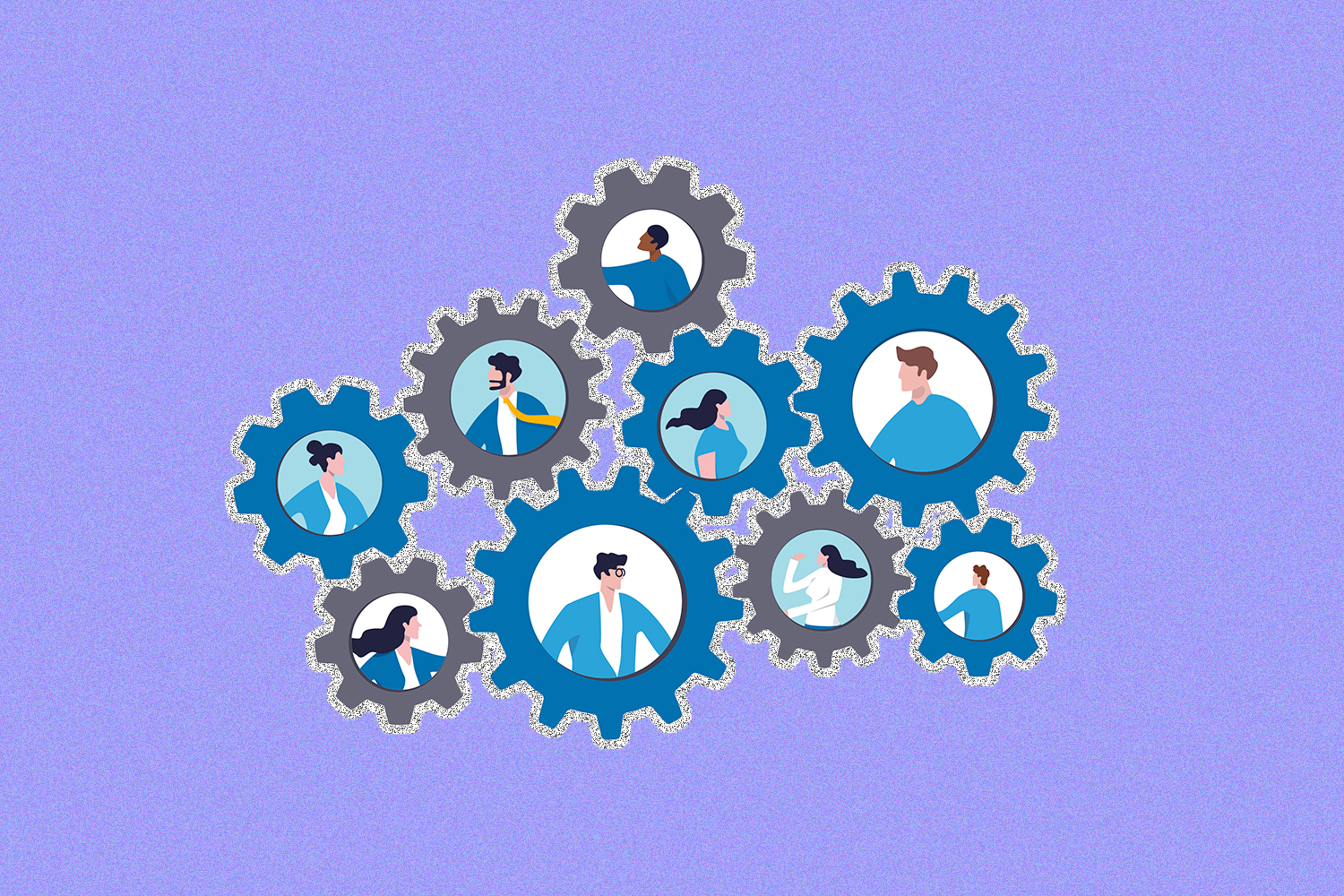 Gray and blue illustrated cogs, each with the illustration of a person in it, on a purple background
