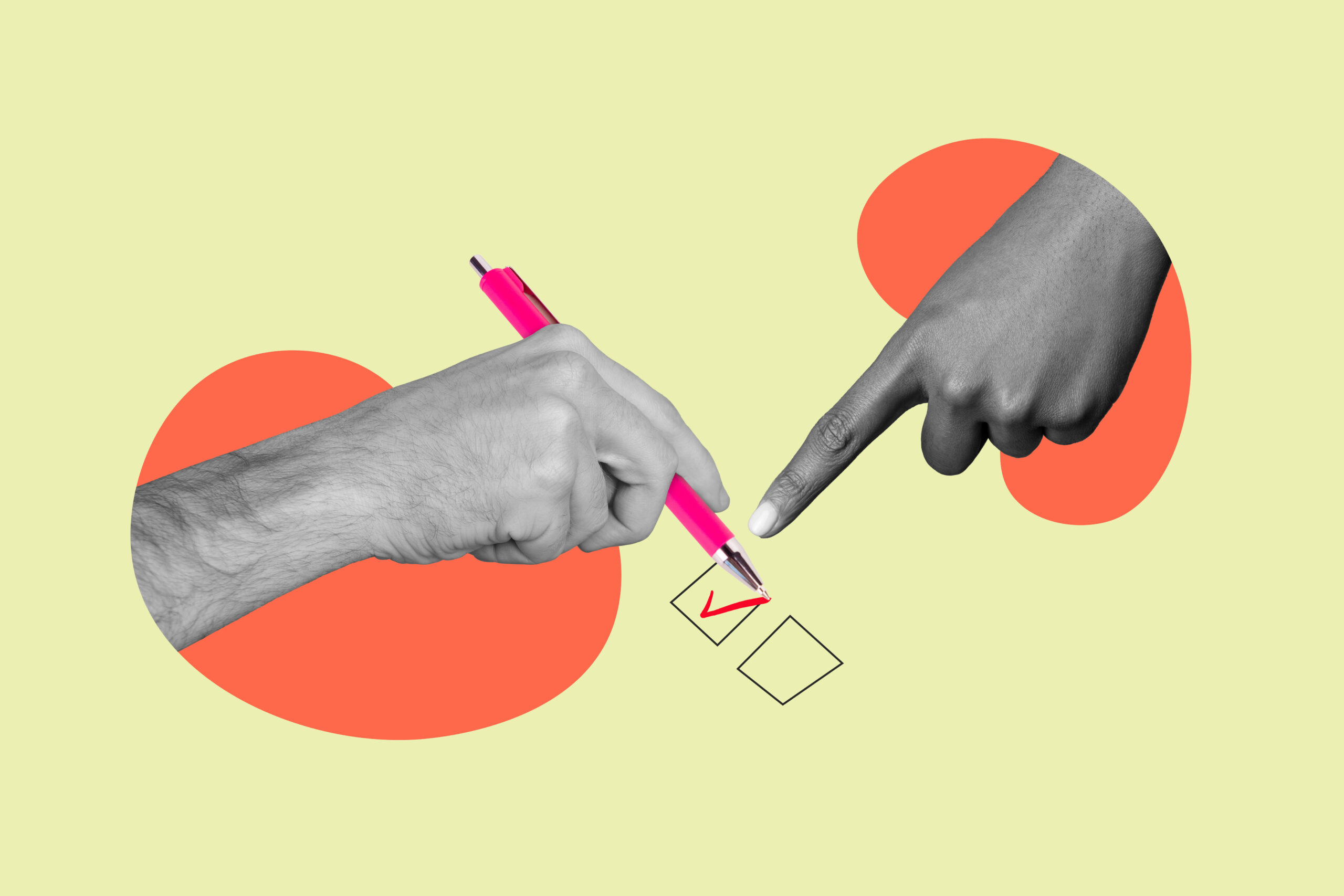 Within a cartoon background, one hand is holding a pen and checking a box while another hand is pointing its index finger at the checked box.