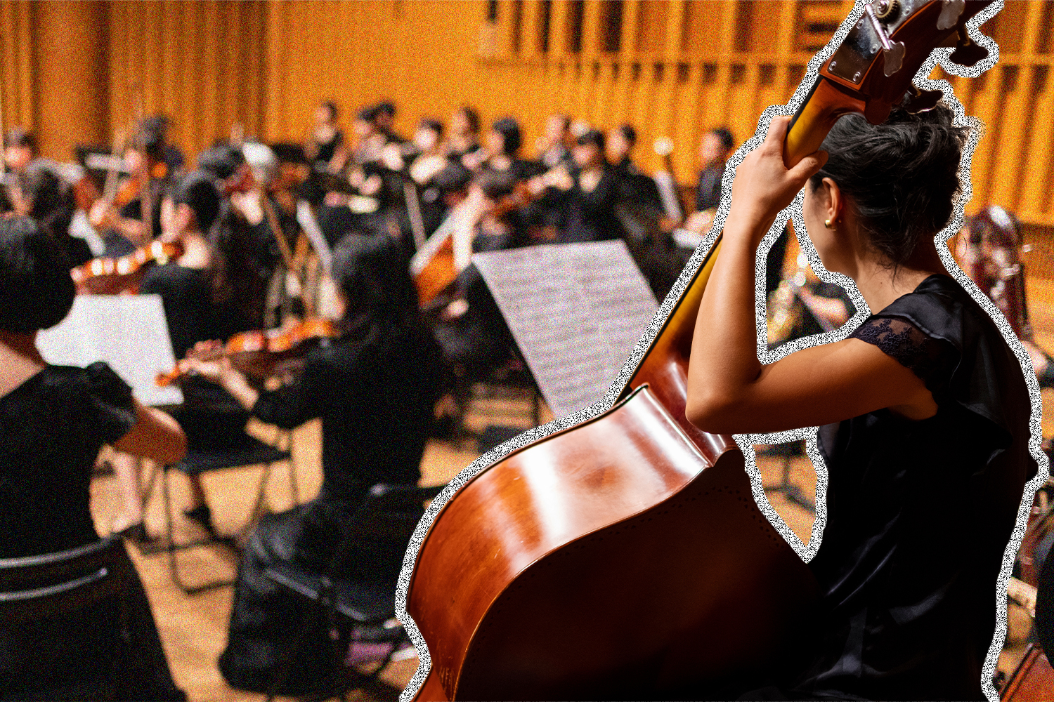 A person playing the bass is outlined with a symphony behind.