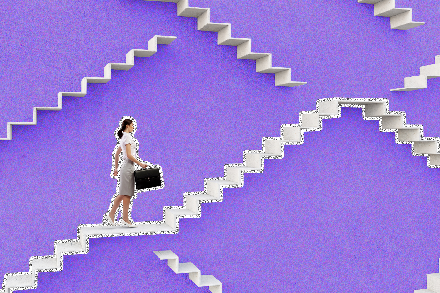 A woman holding a briefcase walking up a flight of stairs against a purple background