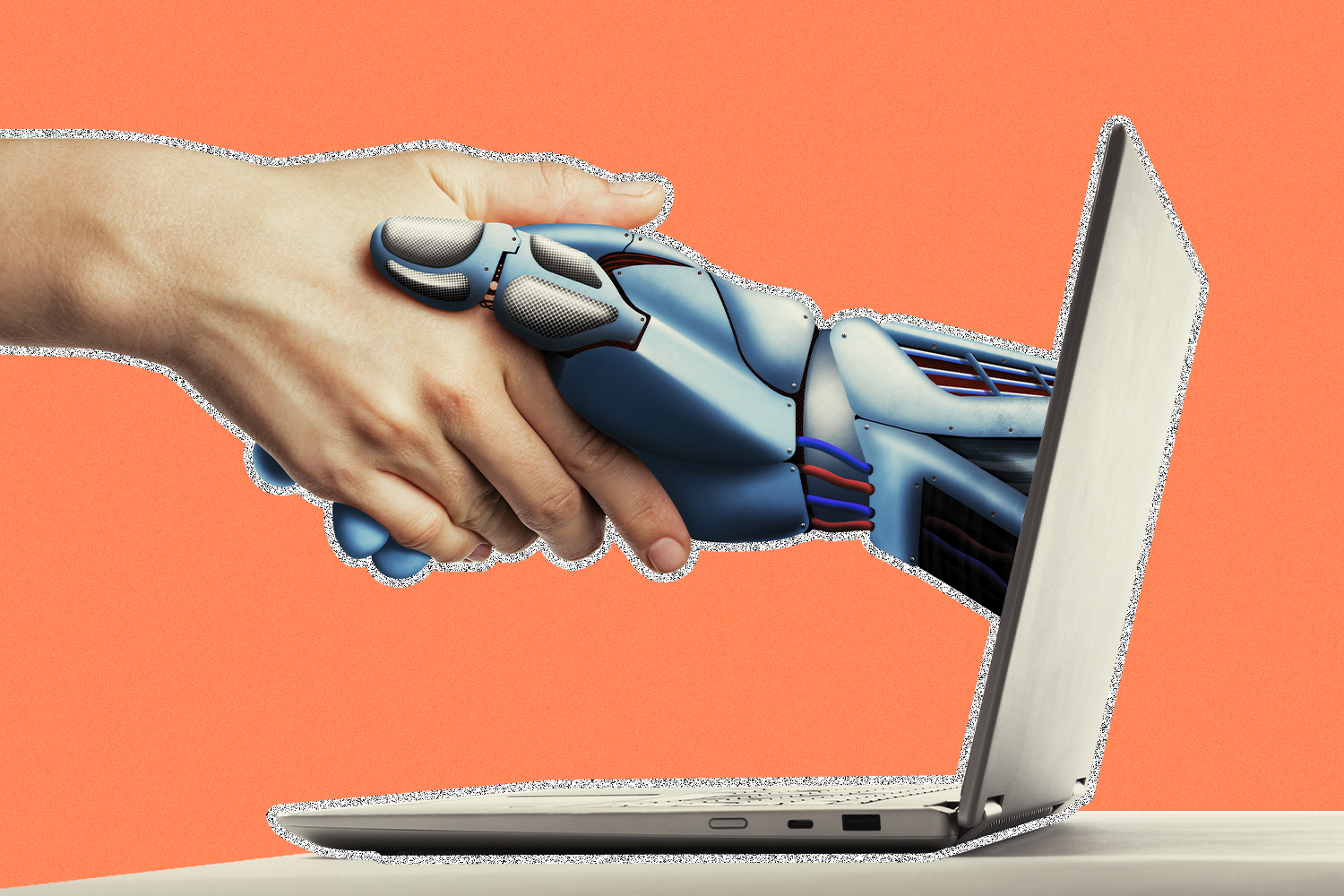 A laptop with a robot's hand extending from the screen and shaking a human hand, on a light orange background