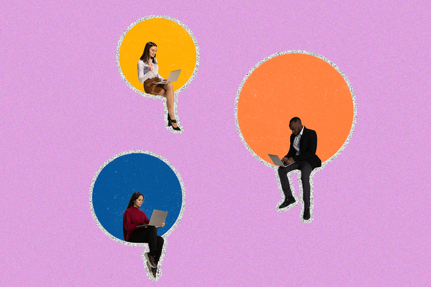 A blue, yellow, and orange circle, each with a person working on a laptop in it, on a pink background