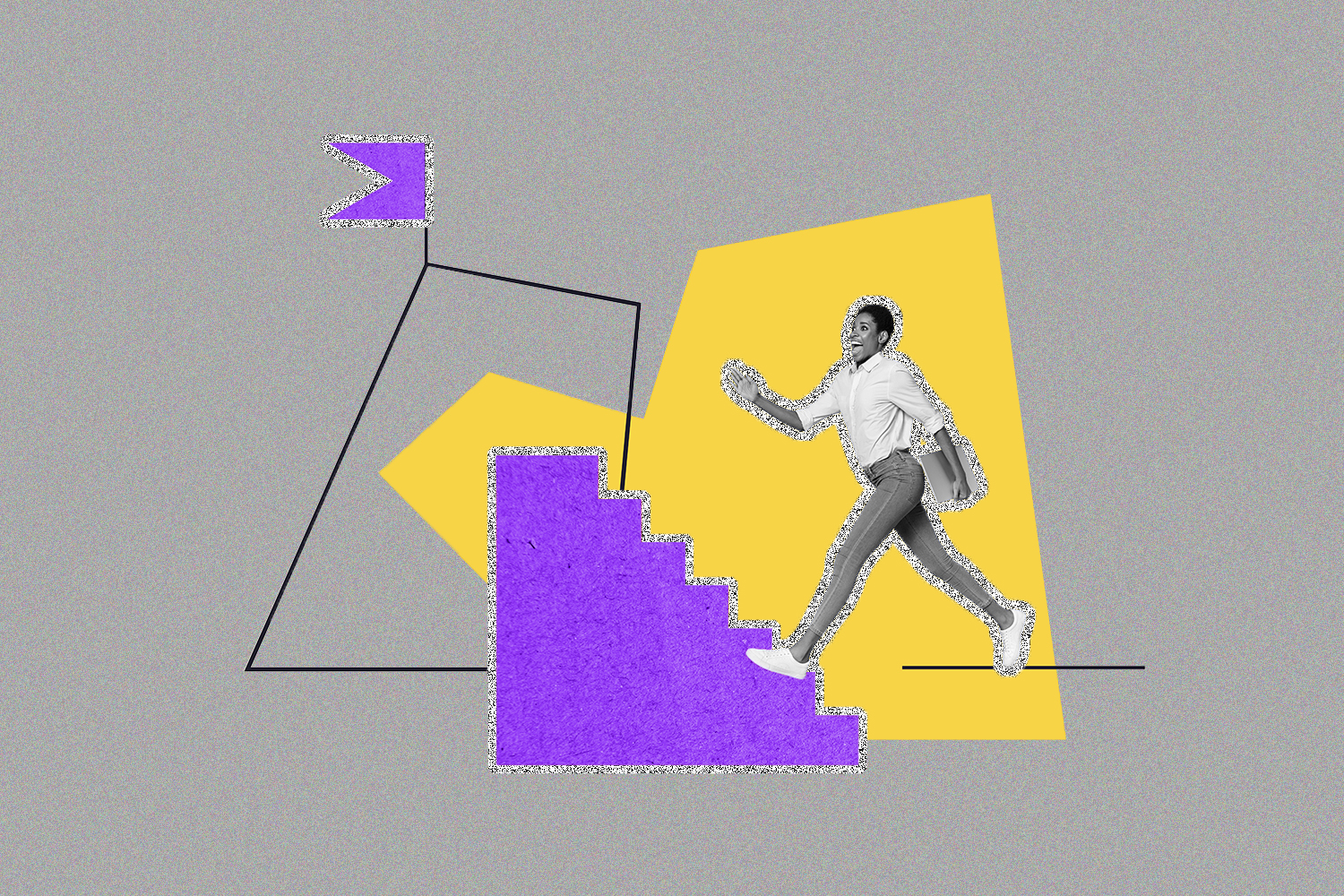 A person walking up a purple set of stairs toward a purple flag, on a yellow and gray background