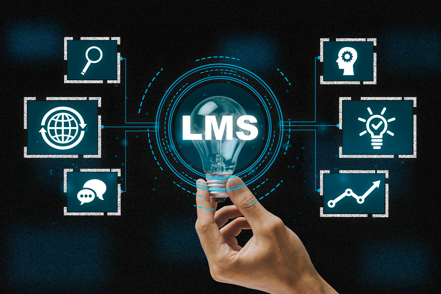 A hand holding a lightbulb behind the letters LMS with three icons on each side representing technology and learning