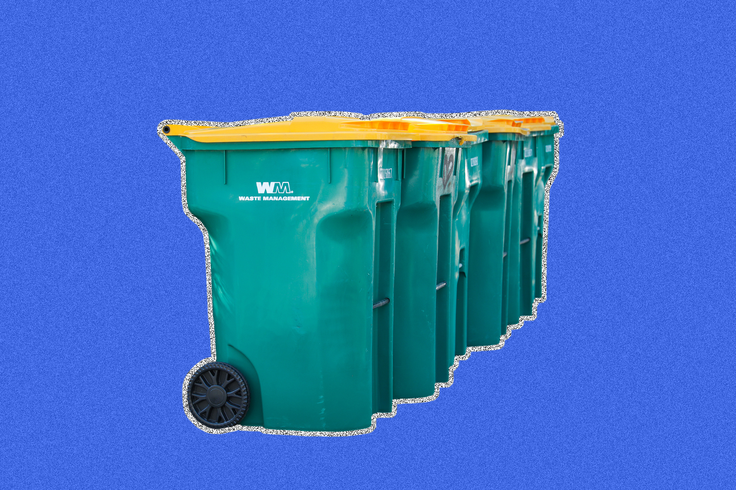 Six green trash bins with yellow lids lined up side-by-side on a blue background