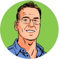 Illustrated headshot of Phil Rhodes on a green background