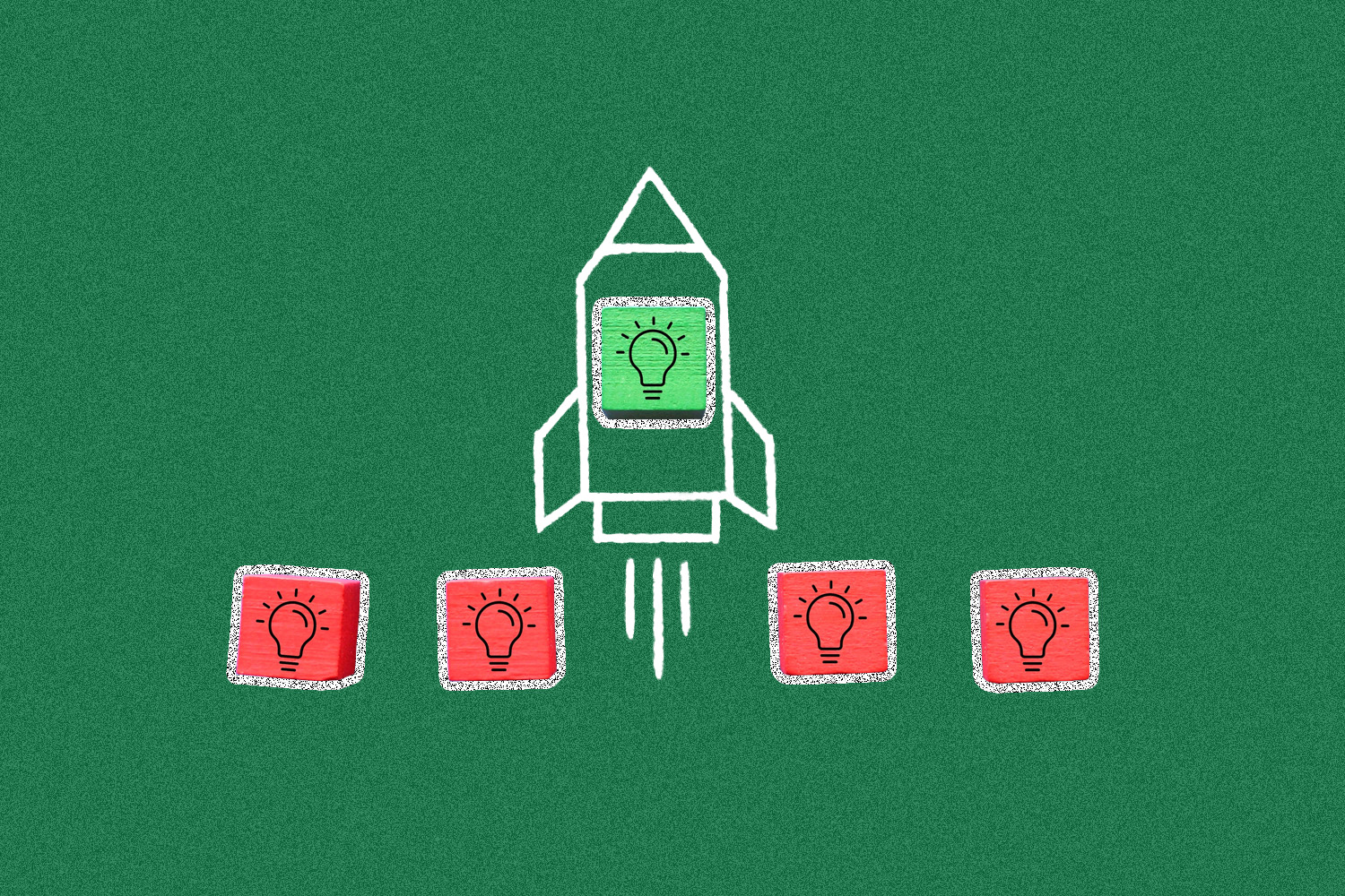 Four red blocks in a row with a lightbulb drawing on each; raised in the middle is one green block with a lightbulb drawing inside the drawing of a rocket